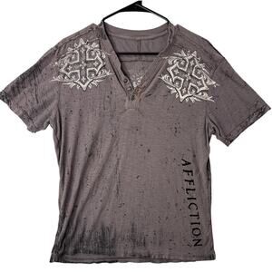 Affliction Y2K Size S Henley Shirt Tee Gothic Rock Cross Distressed Velvet Gray